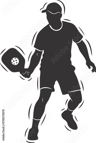 Cartoon man playing pickleball with paddle and ball. Vector illustration for concepts related to modern sports, outdoor activities, healthy lifestyle, or recreational fitness