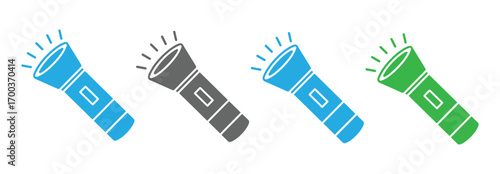 Flashlight icon set. Illustration of four flashlights in different colors, showcasing blue, gray, blue, and green variants .Flashlight flat simple vector icons illustration set
