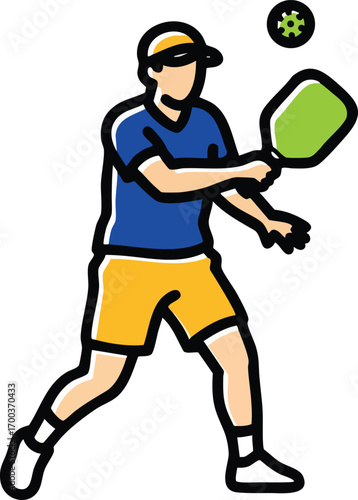 Cartoon man playing pickleball with paddle and ball. Vector illustration for concepts related to modern sports, outdoor activities, healthy lifestyle, or recreational fitness
