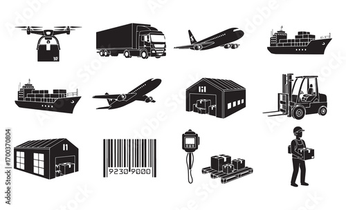 Logistics and shipping icons drone truck airplane ship forklift package barcode delivery person