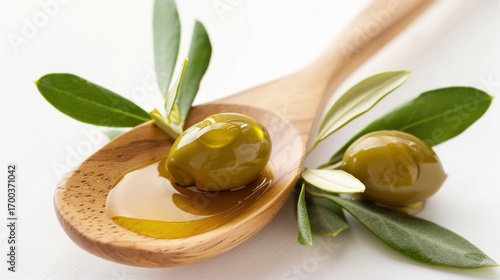 Close-Up of Premium Olive Oil Drops: Pouring Green Liquid Over Wood Background with Mediterranean Flair