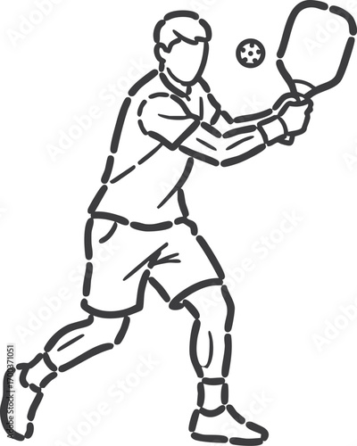 Cartoon man playing pickleball with paddle and ball. Vector illustration for concepts related to modern sports, outdoor activities, healthy lifestyle, or recreational fitness