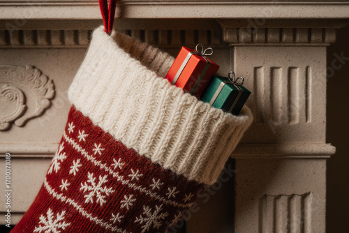 Christmas stocking with red and white pattern, hanging on ornate beige fireplace, containing red and green gift boxes. 