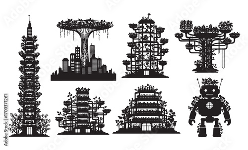 Futuristic sci-fi building silhouettes robot architecture urban future cityscape design elements