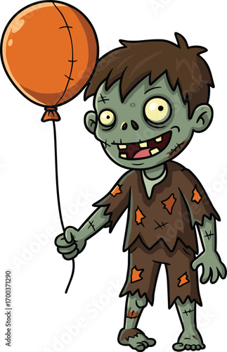 Cartoon zombie boy character holding orange balloon, scary Halloween child in tattered clothes for horror, spooky party and costume illustration