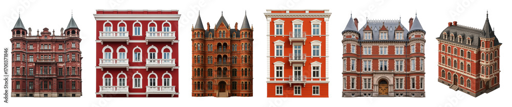 Obraz premium Historic building set including red, brown, and terracotta facades with ornate details isolated. European urban architecture.