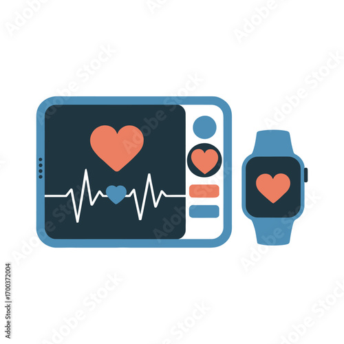 Digital health monitoring concept showcasing a medical vital signs monitor displaying a heart rate waveform alongside a smartwatch, representing modern cardiovascular wellness technology