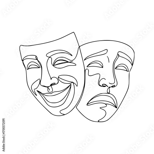 Two theater masks representing joy and sorrow in line art style, isolated vector image on transparent background, mental health, psychologist services, help, analysis, consultation

  