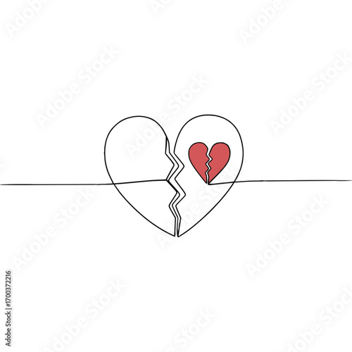 Broken heart illustration with a small red heart in line art style,   isolated vector image on transparent background
