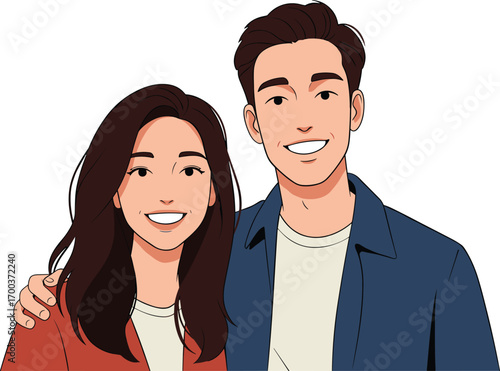 Happy young couple smiling together, close friends portrait, positive emotions, joyful expression, casual clothing, friendship,
