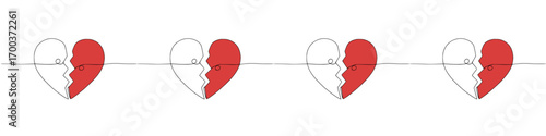 Broken heart line art illustration with red and line art elements, isolated vector image on transparent background, seamless border

  