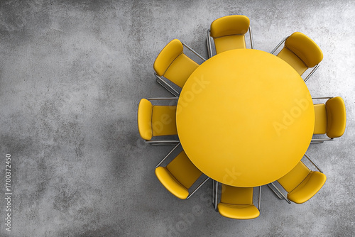 Bright yellow circular table surrounded by chairs against a textured grey surface