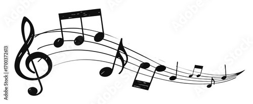 Musical note. Staff treble clef notes musician concept vector isolated on transparent background. Illustration of music sound, tune bass treble, vector illustration.