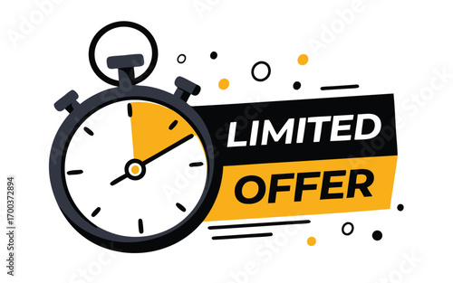 Limited offer with clock for promotion, banner, price. Super promo with countdown or exclusive deal. Last minute offer one day sales and timer. Last minute chance Auction, 
