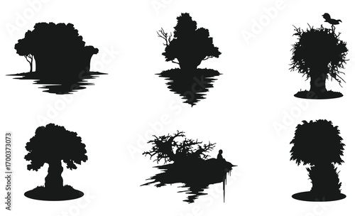 Set of abstract silhouette trees with water reflections for artistic and nature designs