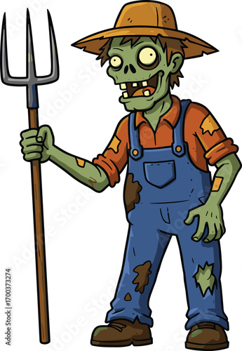 Cartoon zombie farmer holding pitchfork wearing hat, orange shirt, blue overalls, undead scarecrow, Halloween spooky undead character