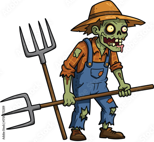 Cartoon zombie farmer with pitchforks, undead agriculture worker in overalls, spooky rural zombie character, Halloween farming costume character