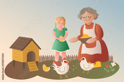 The illustration shows an elderly woman feeding chickens, with her granddaughter holding a chick next to her. The village scene conveys an atmosphere of comfort, family and care for domestic animals.