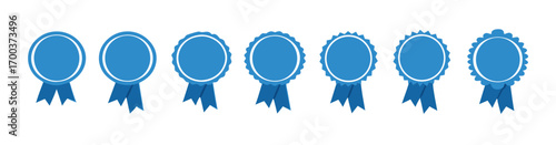 blue ribbon and banner. set of premium quality and guarantee labels isolated on white background. vector 10 eps. 
