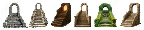 Stone stairs with arches set including weathered, mossy, rustic, and ancient designs isolated. Architectural elements for digital art and game assets.