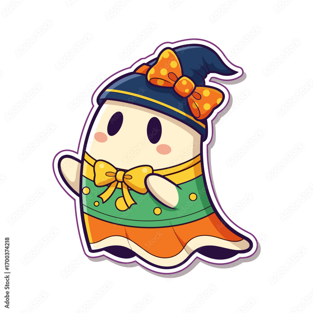 Naklejka premium Cartoon ghost in witch hat Halloween sticker on transparent background
