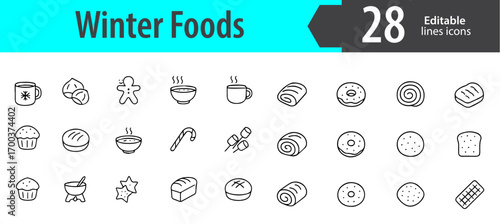 Winter Foods Line Icons, Seasonal Dishes, Hot Drinks, Soups, Fruits, Vegetables, and More, Vector Icons Set, Ideal for Both Digital and Print Use 
