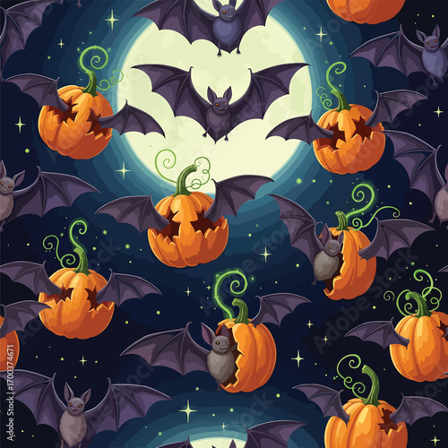 Halloween themed vector illustration with bats flying around pumpkins under the moon, seamless pattern, royalty free stock.