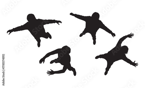 Dynamic silhouettes of four people falling or dancing isolated on