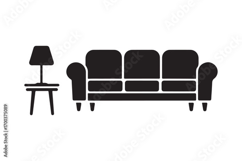 Simple black silhouette of a three seater sofa and side table