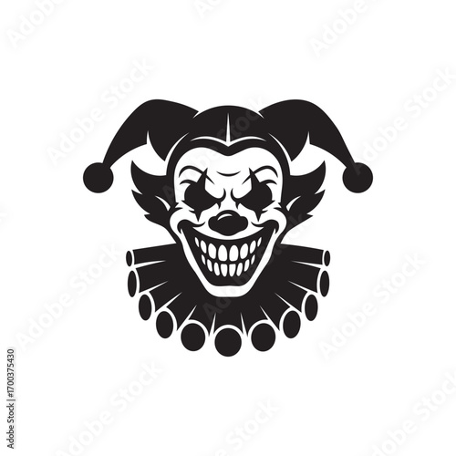  sinister black and white clown face illustration with sharp teeth, jester hat, and bold symmetrical horror design on white background.