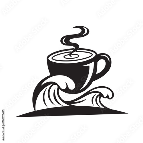 stylized black and white coffee cup illustration with swirling steam and ocean wave fusion for branding and decor on white background.