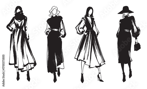 Chic fashion sketch set four elegant women poses dynamic style drawing collection