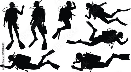 Silhouette of scuba divers underwater, diving equipment, ocean exploration, marine adventure, flippers, oxygen tanks, aquatic life, snorkel gear, deep sea