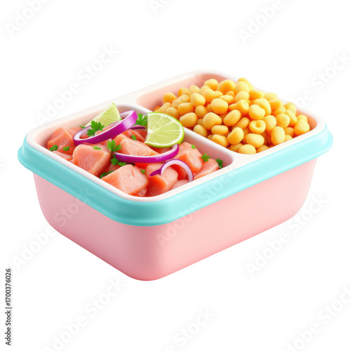 Fresh Salmon Ceviche with Peruvian Corn in a Divided Lunchbox.