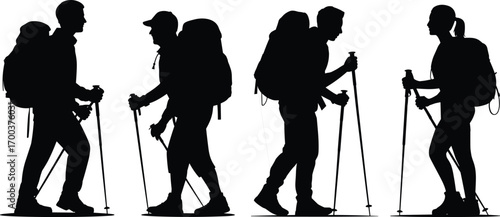 Silhouette of hikers trekking with backpacks and poles, outdoor mountain hiking, camping adventure, walking group vector illustration design set