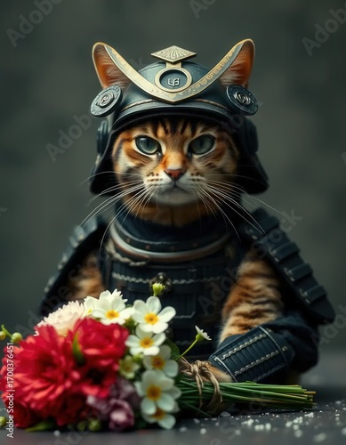 Retro Portrait of Samurai Cat with Kabuto Helmet, Armor, and Flowers in Feudal Japan Style
