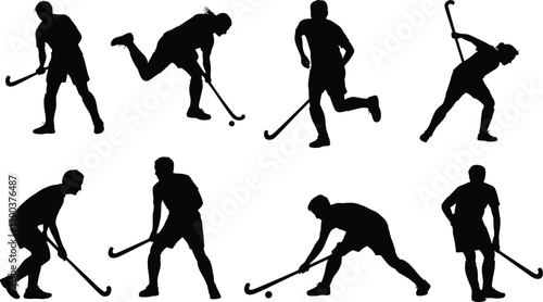 Silhouettes of field hockey players in dynamic action poses, playing game, holding sticks, running, hitting ball, team sport, isolated white background