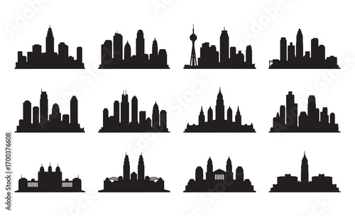 Collection of city skyline silhouettes architectural landmarks modern urban cityscape designs