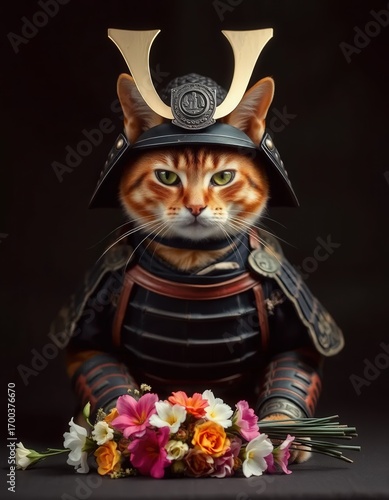 Retro Portrait of Samurai Cat with Kabuto Helmet, Armor, and Flowers in Feudal Japan Style
