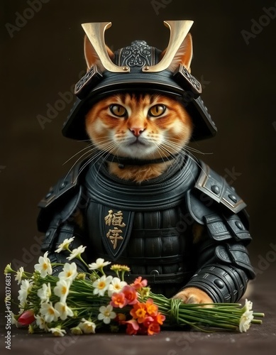 Retro Portrait of Samurai Cat with Kabuto Helmet, Armor, and Flowers in Feudal Japan Style
