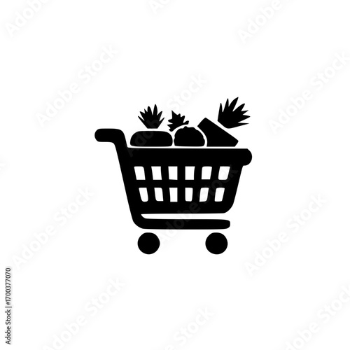 Vector image of shopping cart overloaded with small products in store and market environment