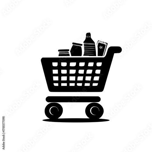 Supermarket shopping cart with excess small merchandise overflowing in vector style artwork