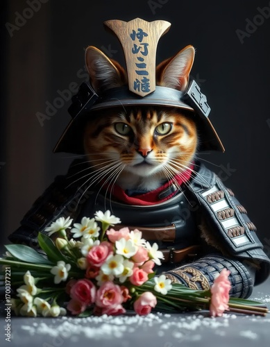 Retro Portrait of Samurai Cat with Kabuto Helmet, Armor, and Flowers in Feudal Japan Style
