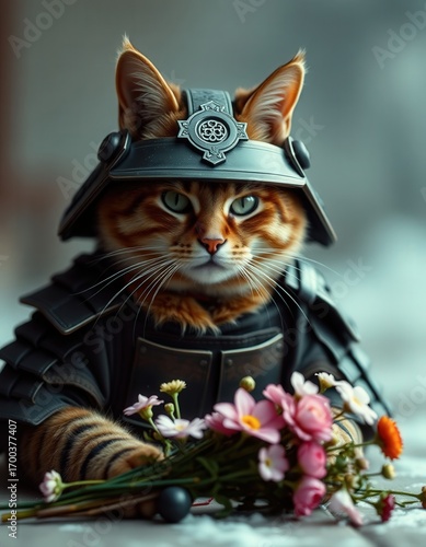Retro Portrait of Samurai Cat with Kabuto Helmet, Armor, and Flowers in Feudal Japan Style
