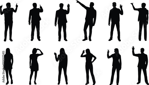Silhouettes of men and women, diverse standing poses, hand gestures, black figures, business casual, people vector, communication symbols