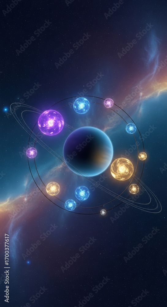 Obraz premium Glowing planets and nebula in deep space with orbiting rings galaxy cosmos