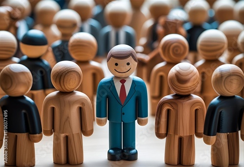 Wooden Figurines with Businessman in Blue Suit Group of wooden figurines surrounding one figure dressed in a blue business suit. illustration symbolizing leadership, individuality, and career success.
