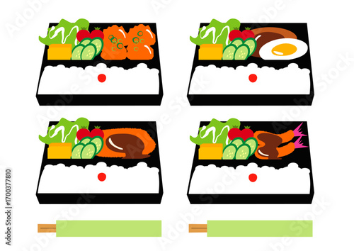 Four illustrated bento box lunch variations, showcasing diverse Japanese cuisine components.