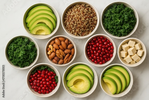 Wallpaper Mural Overhead view of vegan food ingredients in white bowls overhead shot healthy eating Torontodigital.ca