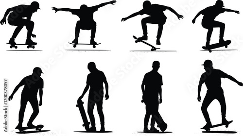Silhouettes of skateboarders in motion, performing tricks, street skateboarding poses, riding, jumping, standing, holding skateboard, urban extreme sport